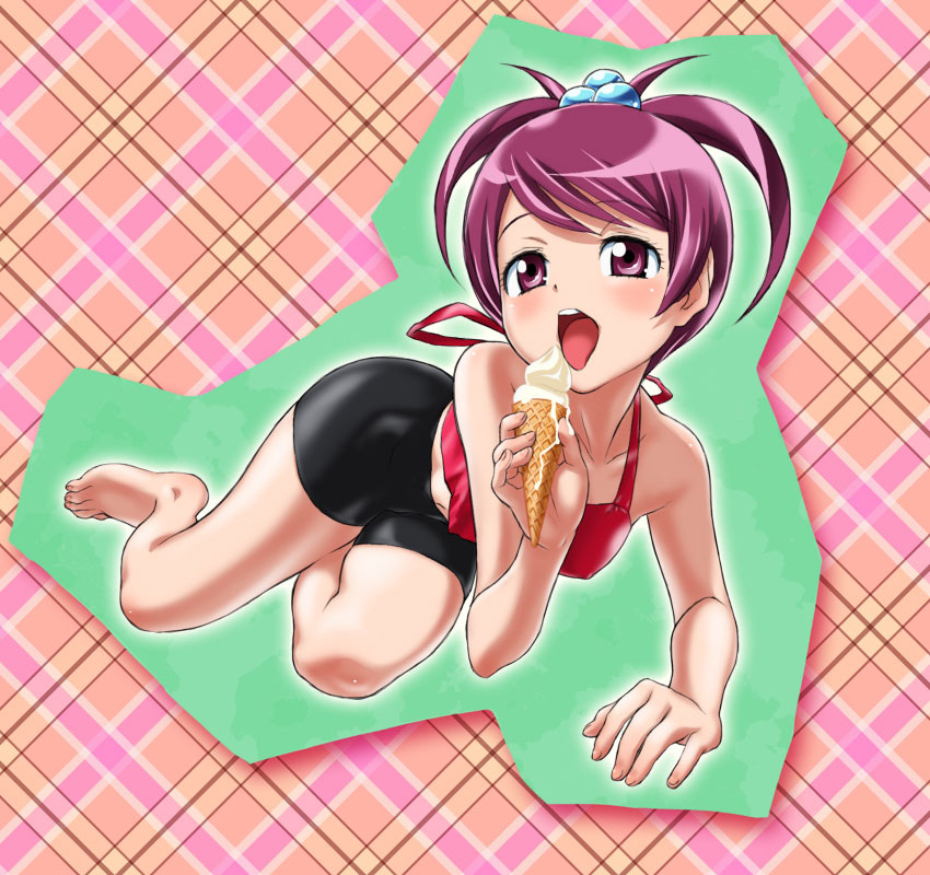 00s, 1girl, antenna_hair, barefoot, bike_shorts, blush, checkered_background, feet, female_focus, food, hair_bobbles, hair_ornament, hajime_(caramel_toone), hoshizuki_kirara, ice_cream, licking, my_melody_(series), onegai_my_melody, onegai_my_melody_kirara, open_mouth, sanrio, sexually_suggestive, shorts, solo, tongue