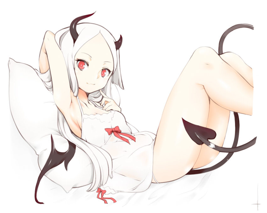 1girl, babydoll, blush, breasts, demon_girl, hair_ribbon, horns, linnkou