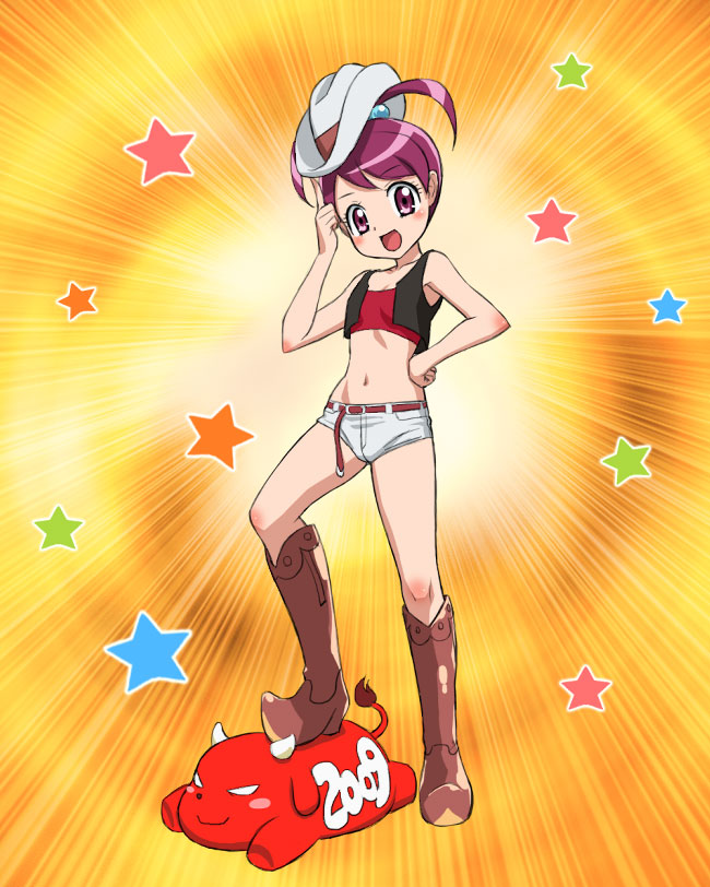 00s, 1girl, 2009, antenna_hair, baku_(sanrio), boots, cowboy_hat, cowboy_western