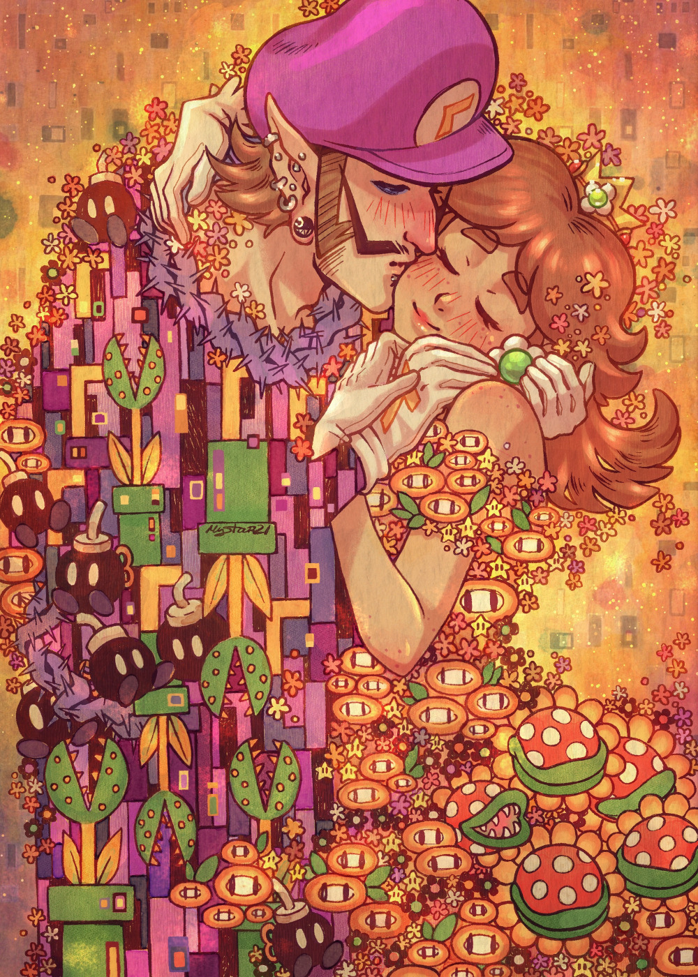 1boy, 1girl, blush, bob-omb, brown_hair, closed_eyes, crown, dress