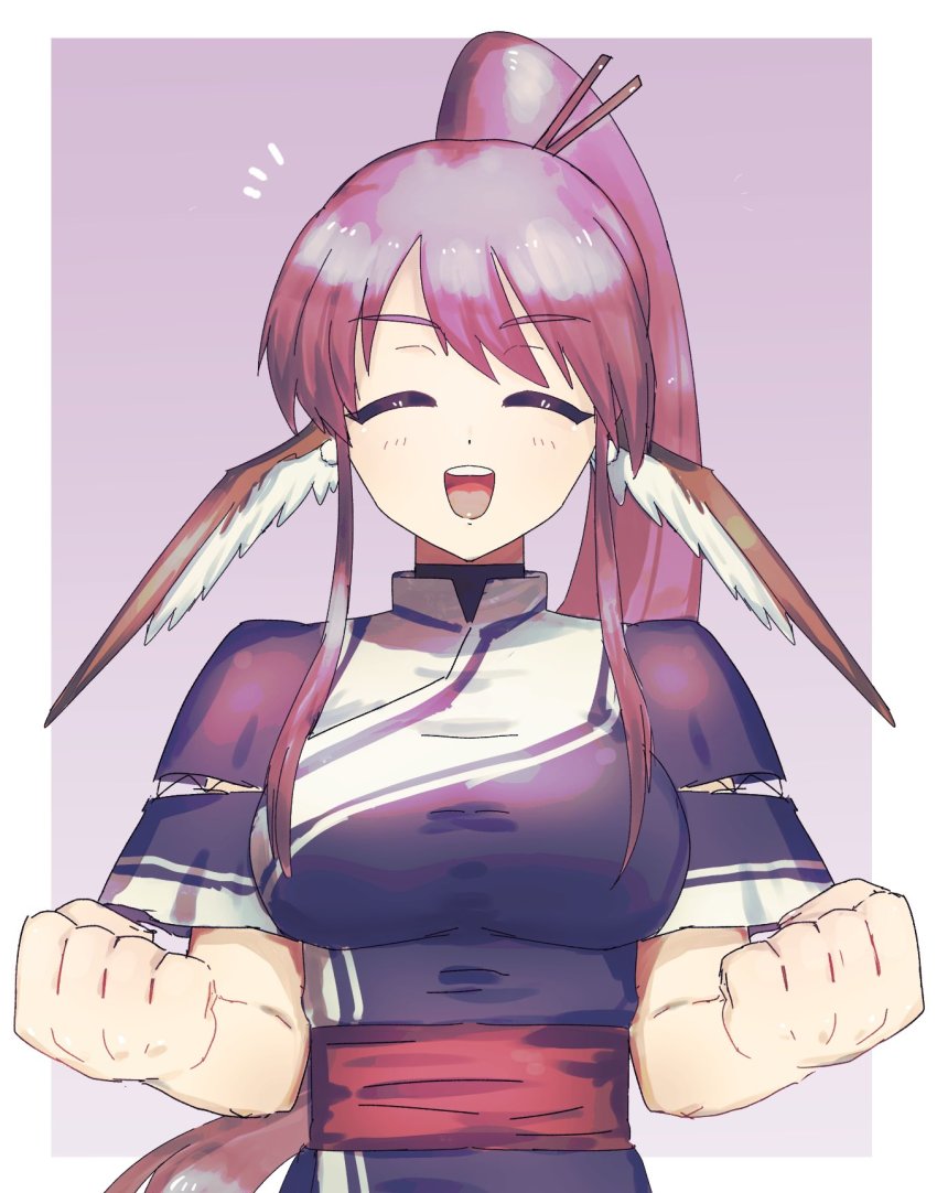 1girl, absurdly_long_hair, ainu_clothes, animal_ears, aquaplus, arms_up, breasts, clenched_hands