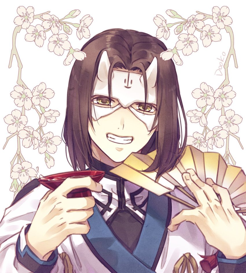 1boy, alcohol, aquaplus, arms_up, brown_hair, cherry_blossoms, choko_(cup), cup