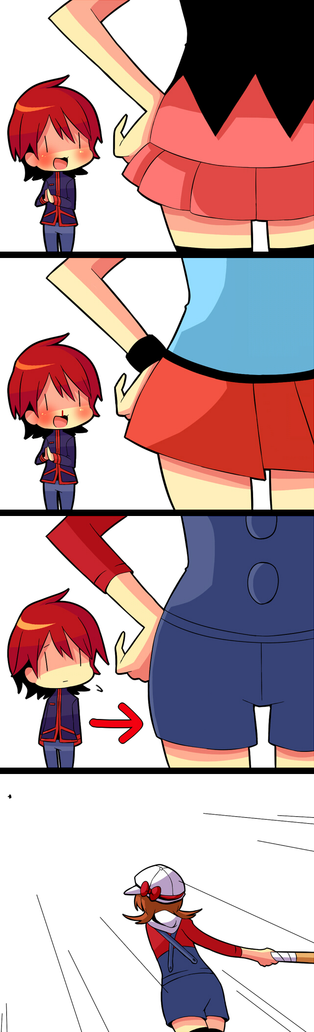 3girls, 4koma, arrow_(symbol), bad_id, bad_pixiv_id, baseball_bat, blood, brown_hair, chibi, comic, dawn_(pokemon), hands_on_own_hips, hat, highres, leaf_(pokemon), long_image, lyra_(pokemon), multiple_girls, nintendo, nosebleed, parody, pokemon, pokemon_diamond/pearl/platinum, pokemon_firered_and_leafgreen, pokemon_heartgold_and_soulsilver, pokemon_red/green/blue/yellow, red_hair, sadomochi, silent_comic, silver_(pokemon), skirt, tall_image, thighhighs, twintails, weapon, zettai_ryouiki, |_|