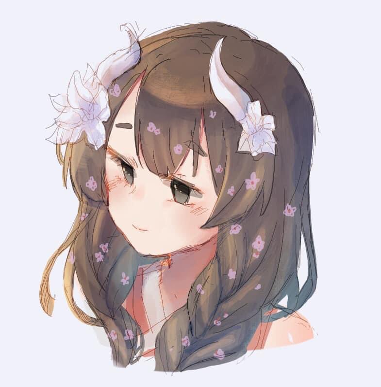 1girl, aquaplus, black_eyes, blush, brown_hair, closed_mouth, curly_hair, flower