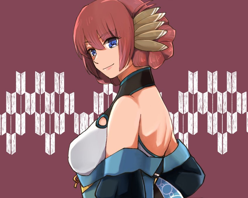 1girl, ainu_clothes, animal_ears, aquaplus, back, bare_shoulders, blue_eyes, braid