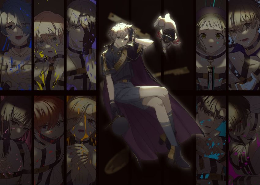 5boys, 5girls, akka, ankle_boots, belt, black_hair, blue_hair, boots