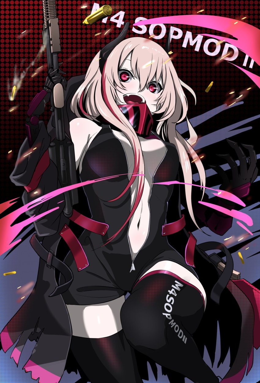 1girl, :d, black_jacket, black_legwear, bullet, coat, girls'_frontline, gloves