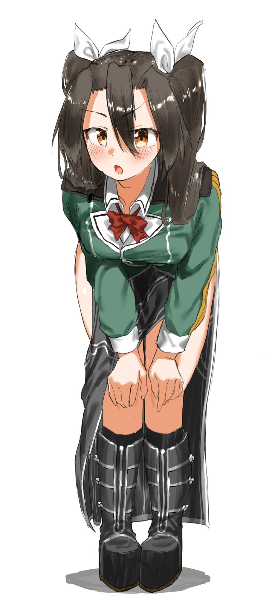 1girl, alternate_sleeve_length, bad_id, bad_twitter_id, boots, breasts, brown_hair, gekiteki_na_beefsteak