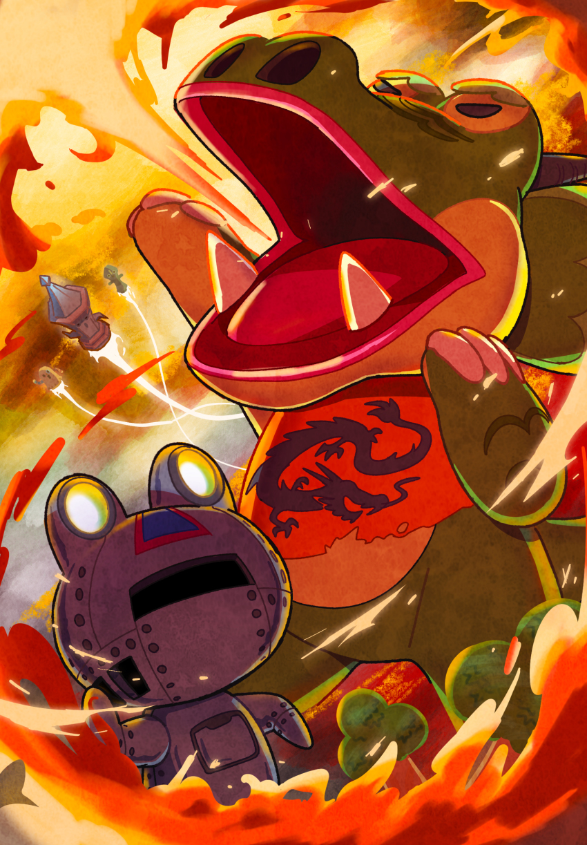 animal_crossing, drago_(animal_crossing), fire, breathing_fire, gyroid_(animal_crossing), highres, kopa_nishikida, nintendo