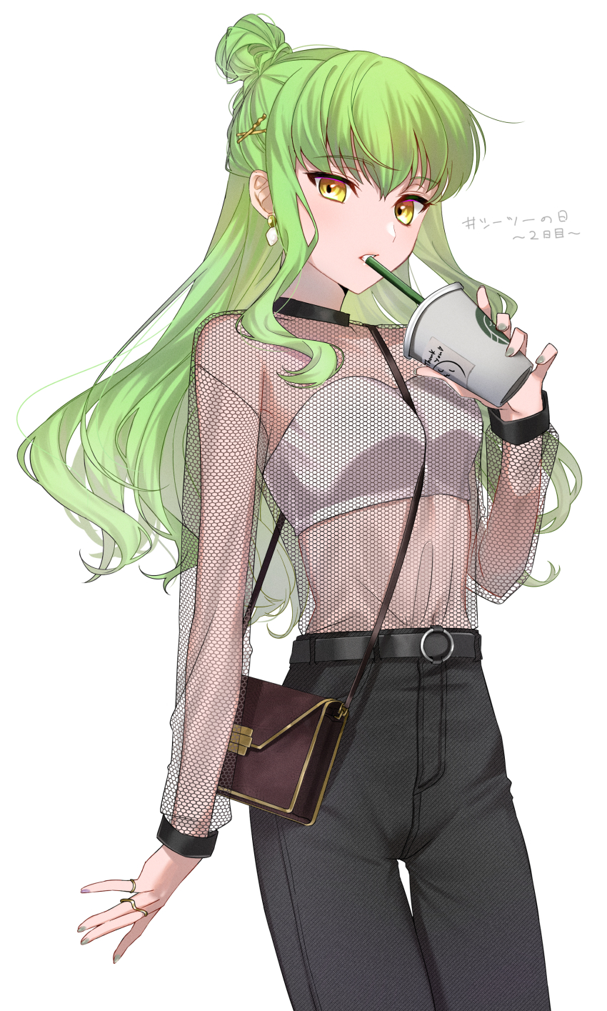 1girl, absurdres, alternate_costume, alternate_hairstyle, belt, between_breasts, black_pants, breasts, c.c., code_geass, drinking_straw, earrings, fishnet_top, green_hair, grey_nails, highres, jewelry, long_hair, looking_at_viewer, nail_polish, navel, pants, poro_uma, pursed_lips, solo, strap_between_breasts, white_background, yellow_eyes