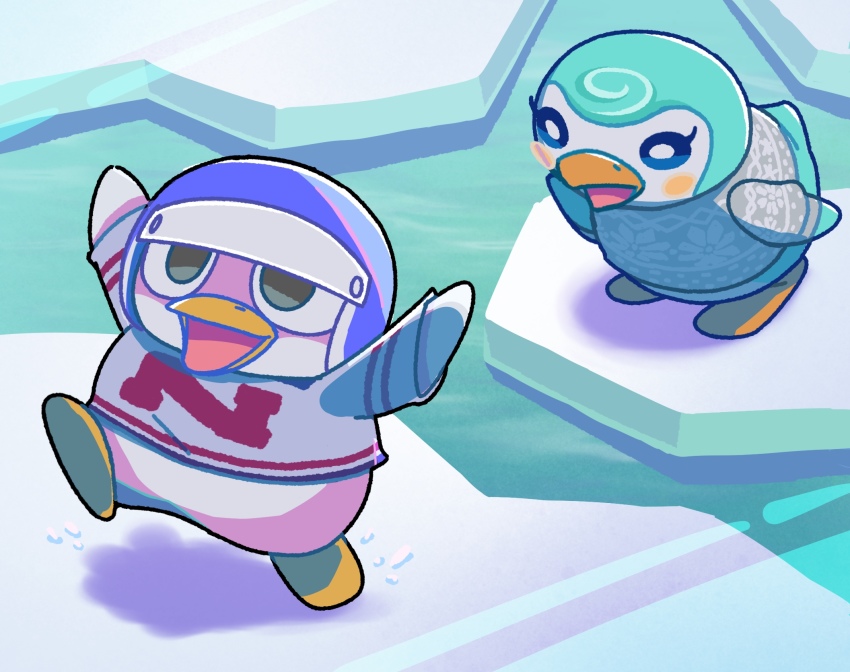 animal_crossing, bird, blue_headwear, highres, ice, kopa_nishikida, nintendo, penguin, puck_(animal_crossing), sprinkle_(animal_crossing), water