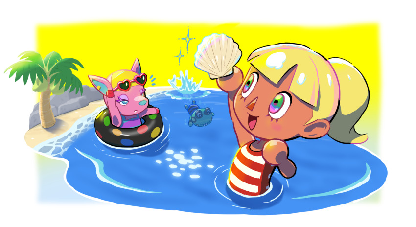 animal_crossing, animal_crossing:_new_horizons, beach, blonde_hair, border, diving, frobert_(animal_crossing), fuchsia_(animal_crossing)