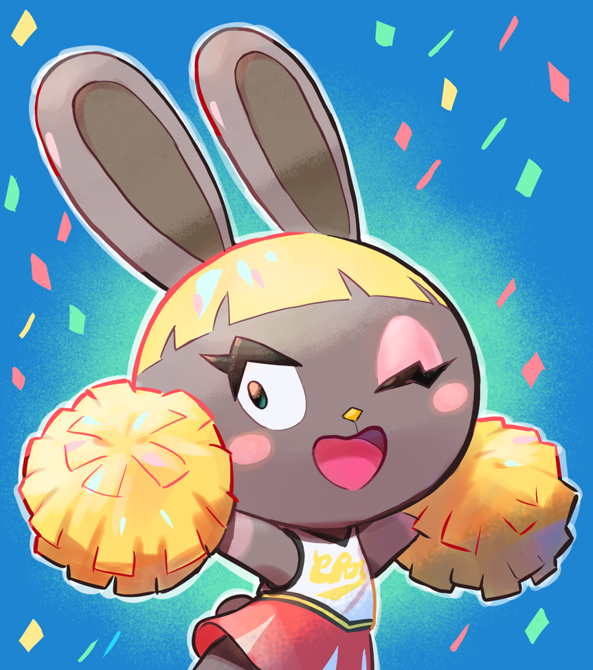 1girl, animal_crossing, arms_up, blue_background, bonbon_(animal_crossing), rabbit, cheerleader, confetti