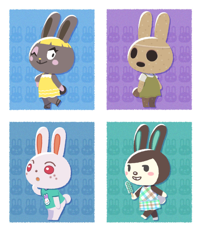 4girls, animal_crossing, blue_background, bonbon_(animal_crossing), border, carmen_(animal_crossing), coco_(animal_crossing), highres, kopa_nishikida, looking_at_viewer, looking_back, multiple_girls, nintendo, one_eye_closed, purple_background, ruby_(animal_crossing), standing, standing_on_one_leg, aqua_background, white_border, wink