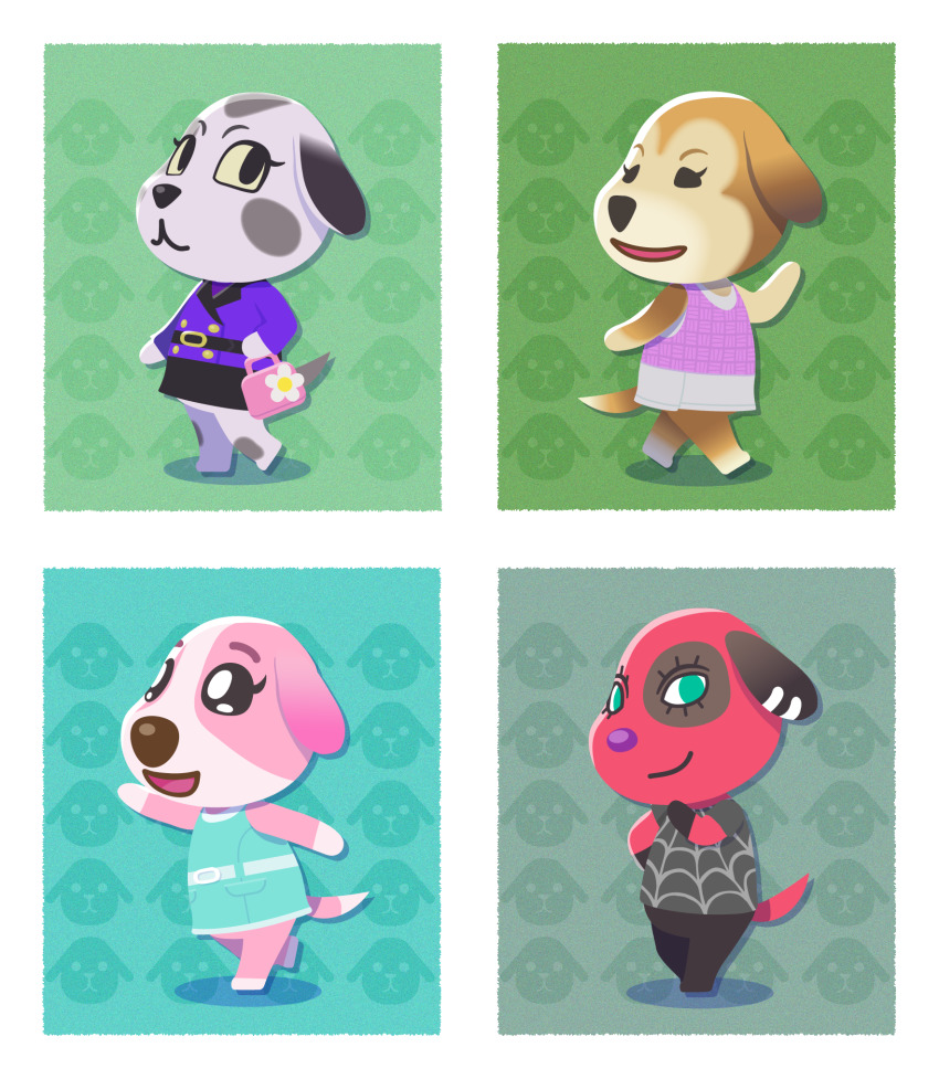 4girls, animal_crossing, animal_print, arm_extended, border, cherry_(animal_crossing), cookie_(animal_crossing), dog_print, green_background, grey_background, hand_on_chin, highres, kopa_nishikida, looking_at_viewer, maddie_(animal_crossing), multiple_girls, nintendo, portia_(animal_crossing), aqua_background, waving, white_border