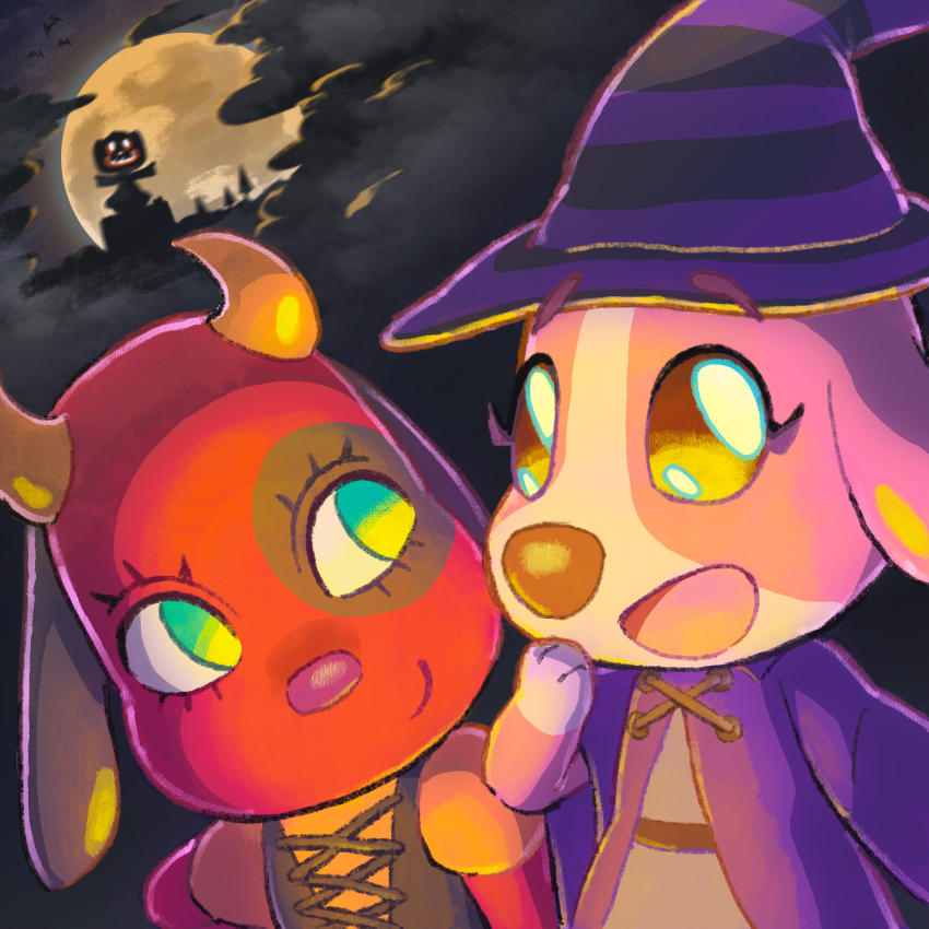 1boy, 2girls, animal_crossing, black_background, black_sky, cherry_(animal_crossing), cookie_(animal_crossing), demon_horns