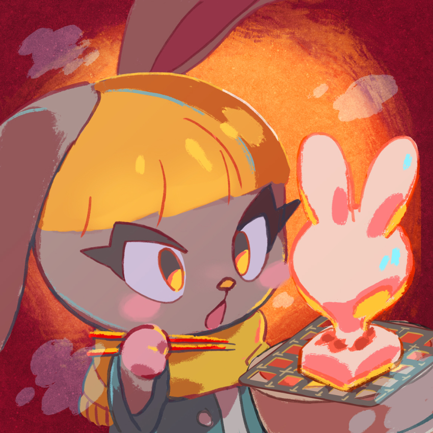 1girl, animal_crossing, bonbon_(animal_crossing), rabbit, chopsticks, coat, cooking, gasp