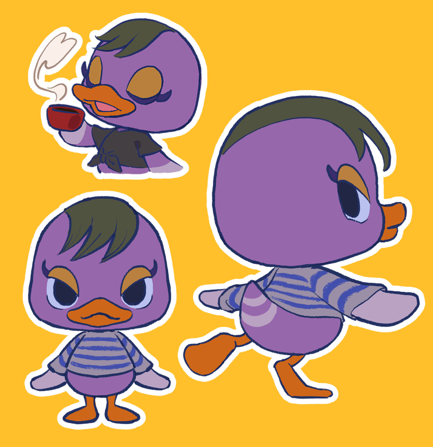 1girl, animal_crossing, bird, crop_top, cup, drinking, duck, highres, holding, holding_cup, kopa_nishikida, looking_at_viewer, looking_back, mallary_(animal_crossing), nintendo, shirt, simple_background, standing, standing_on_one_leg, striped_clothes, striped_shirt, yellow_background