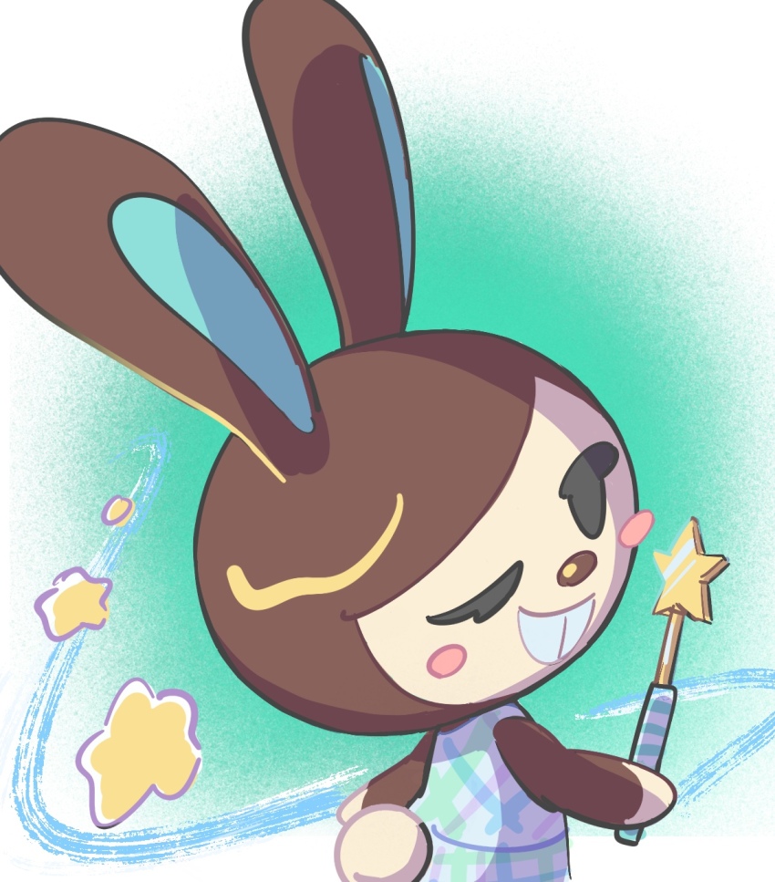 1girl, animal_crossing, aqua_background, carmen_(animal_crossing), dress, gingham_clothes, gingham_dress, highres, kopa_nishikida, looking_at_viewer, looking_back, nintendo, one_eye_closed, rabbit, star_(symbol), wand, white_background, wink