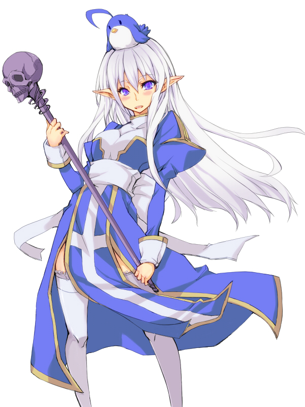 1girl, angry, animal, animal_on_head, bird, bird_on_head, blue_eyes, blush, cross, dress, female_focus, filir, filir_(ragnarok_online), furious, high_priest_(ragnarok_online), long_hair, on_head, open_mouth, pointy_ears, rage_(rojiura), ragnarok_online, simple_background, skull, solo, staff, thighhighs, white_hair, white_thighhighs