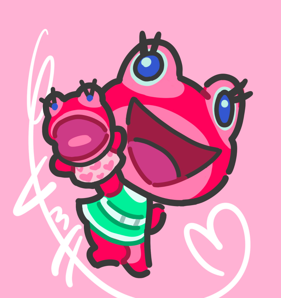1girl, animal_crossing, frog, kopa_nishikida, nintendo, open_mouth, pink_background, puddles_(animal_crossing)
