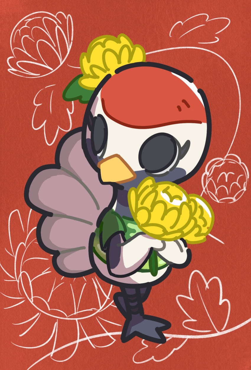 1girl, animal_crossing, bird, chrysanthemum, flower, flower_print, gladys_(animal_crossing), highres, kopa_nishikida, nintendo, ostrich, red_background, standing