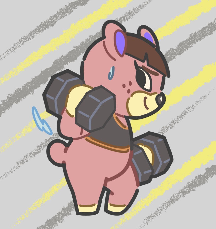 1girl, animal_crossing, bear, crop_top, dumbbell, exercising, grey_background, highres