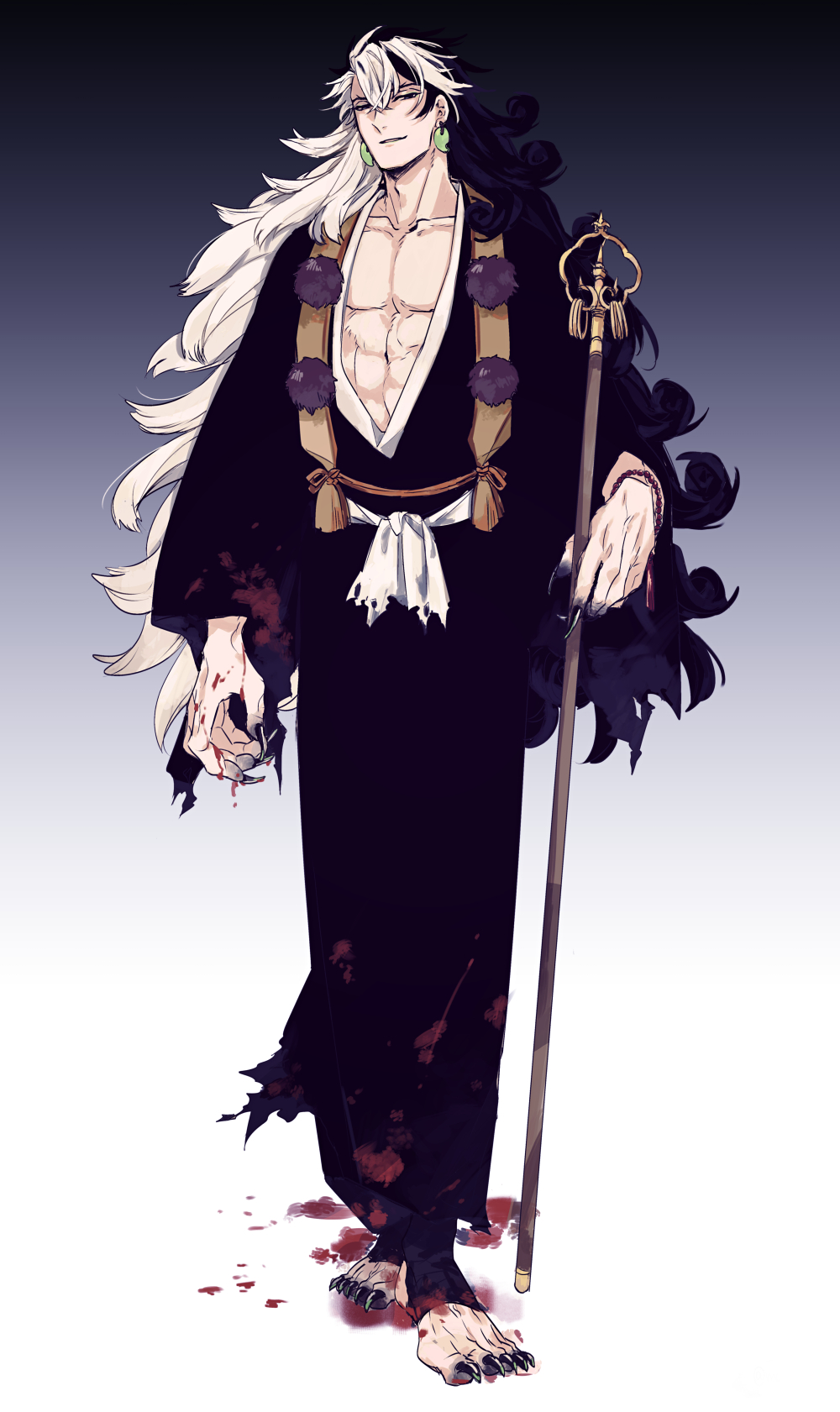 1boy, ashiya_douman_(fate), ashiya_douman_(second_ascension)_(fate), asymmetrical_hair, bell, black_eyes, black_hair, commentary_request