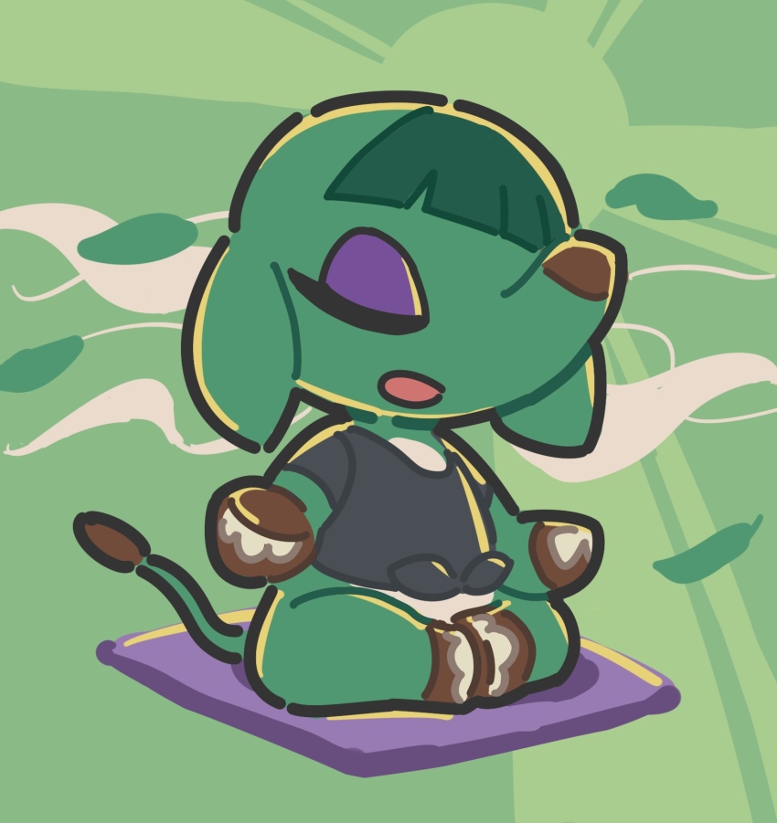 1girl, animal_crossing, elephant, closed_eyes, green_background, highres, kopa_nishikida, meditation, nintendo, on_floor, opal_(animal_crossing)