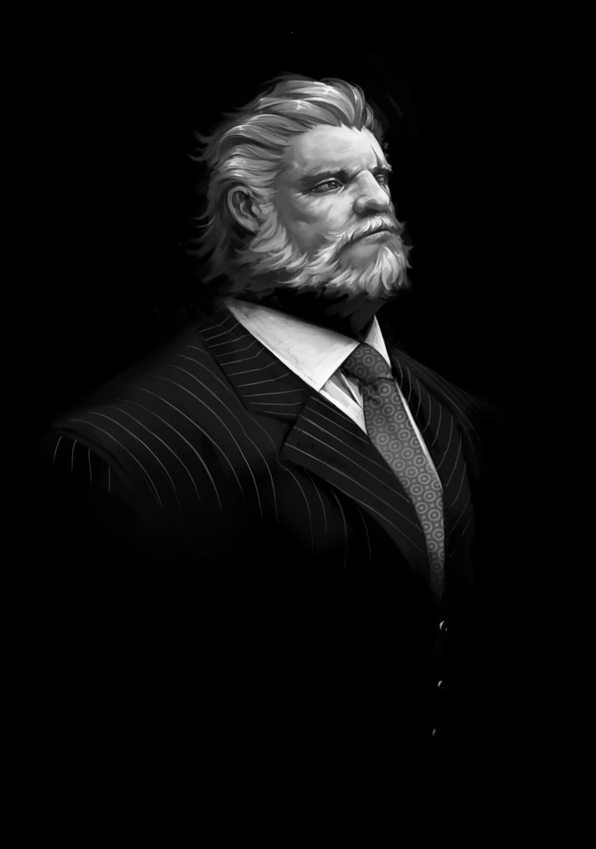 1boy, bara, beard, commentary, facial_hair, greyscale, highres, luerstine