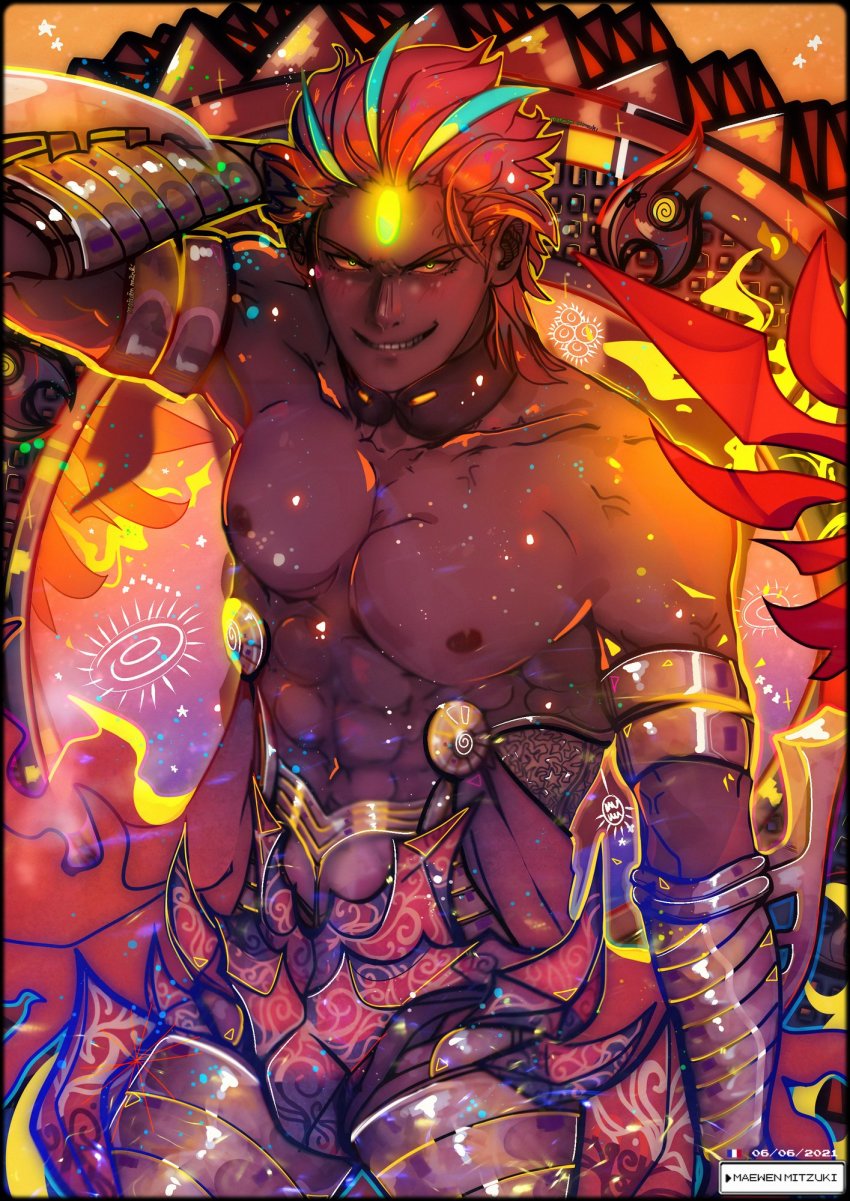 1boy, abs, ashwatthama_(fate), ashwatthama_(third_ascension)_(fate), commentary_request, dark-skinned_male, dark_skin, fate/grand_order