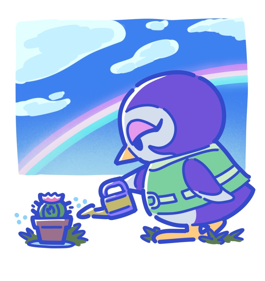 1girl, animal_crossing, bird, blue_sky, border, cactus, gwen_(animal_crossing), highres, kopa_nishikida, looking_down, nintendo, penguin, rainbow, sky, watering_can, white_background, white_border