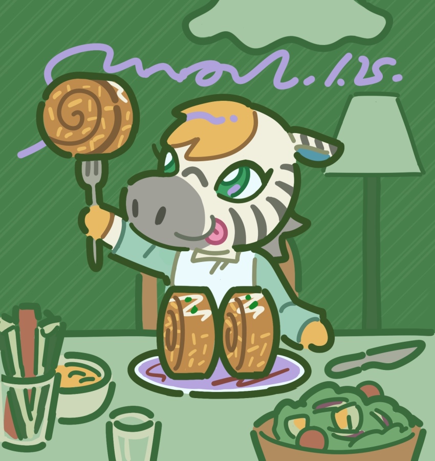 1girl, animal_crossing, cinnamon_roll, fork, green_background, highres, horse, kopa_nishikida, looking_at_food, nintendo, salad, savannah_(animal_crossing)