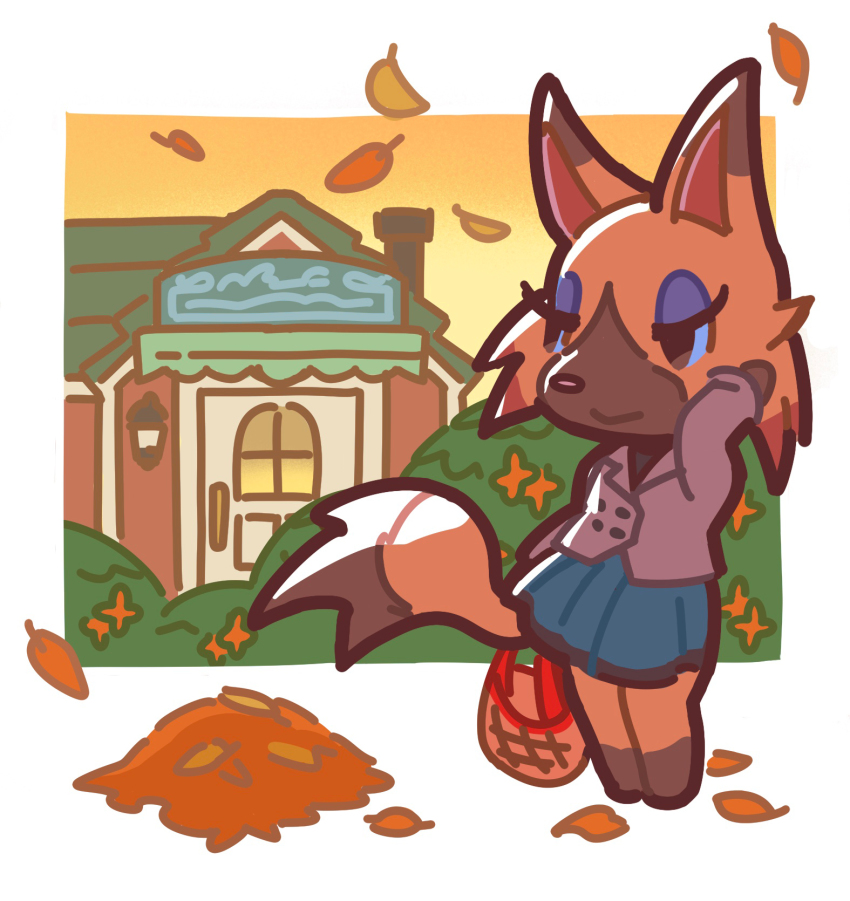 1girl, animal_crossing, autumn_leaves, bag, blue_skirt, handbag, highres, kopa_nishikida