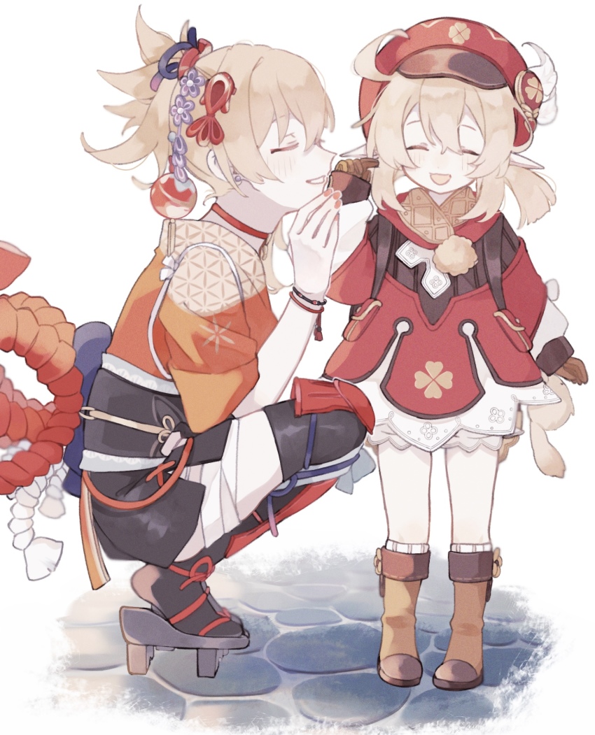 2girls, :d, ^_^, ahoge, backpack, bag, bag_charm, bandaged_leg