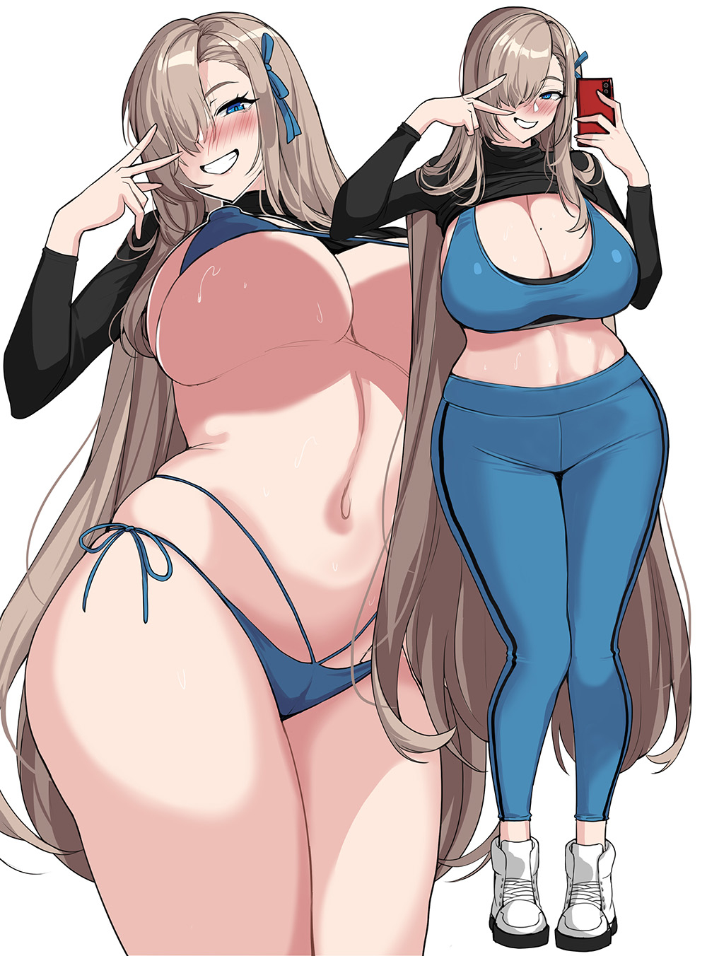 1girl, asuna_(blue_archive), bikini, black_sweater, blonde_hair, blue_archive, blue_bikini, blue_eyes, blue_leggings, blue_pants, blue_sports_bra, blush, breasts, cellphone, cleavage, clothes_lift, covered_erect_nipples, grin, hair_between_eyes, hair_over_one_eye, hella_p, highres, holding, holding_phone, large_breasts, leggings, long_hair, long_sleeves, looking_at_viewer, micro_bikini, mole, mole_on_breast, multiple_views, navel, pants, phone, projected_inset, selfie, side-tie_bikini_bottom, smile, sports_bra, sportswear, string_bikini, sweater, sweater_lift, sweatpants, swimsuit, underboob, v, very_long_hair, white_background, white_footwear