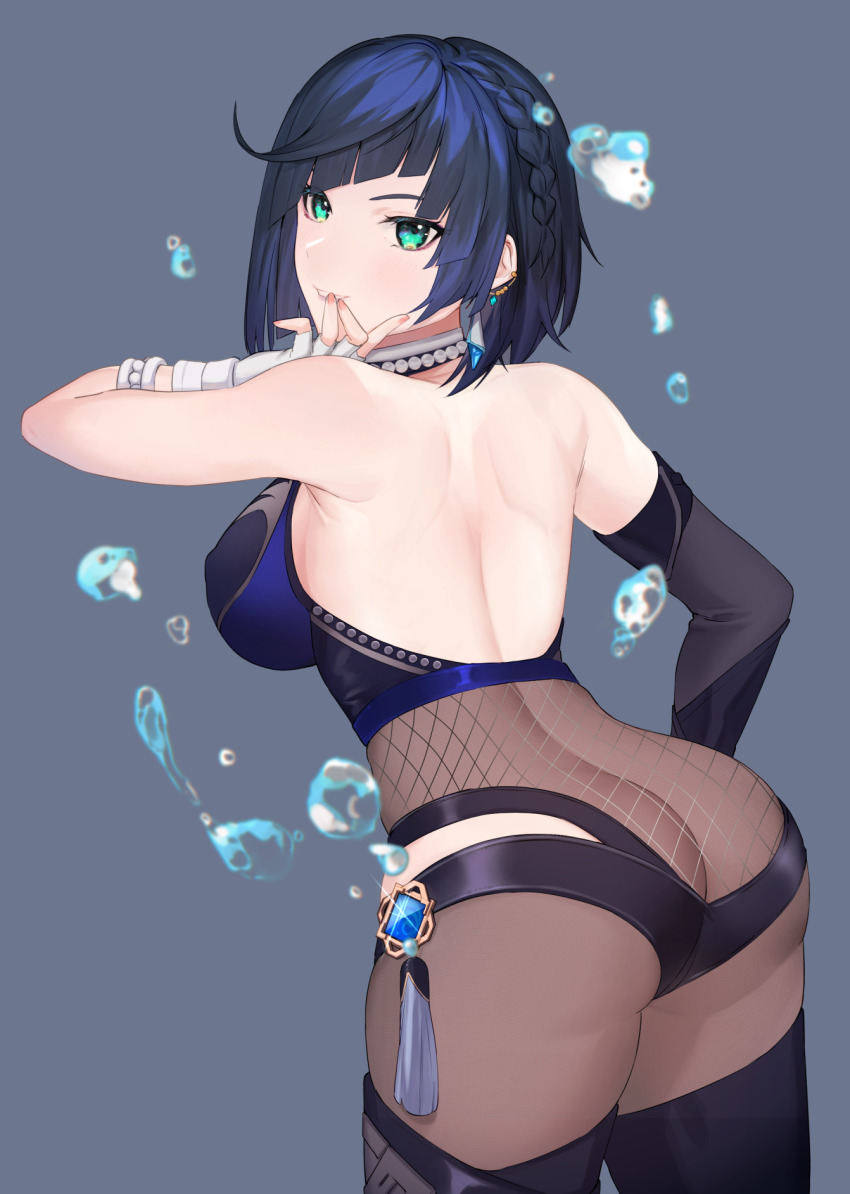 1girl, ass, asymmetrical_clothes, backless_outfit, bare_back, bare_shoulders, black_gloves, blue_hair