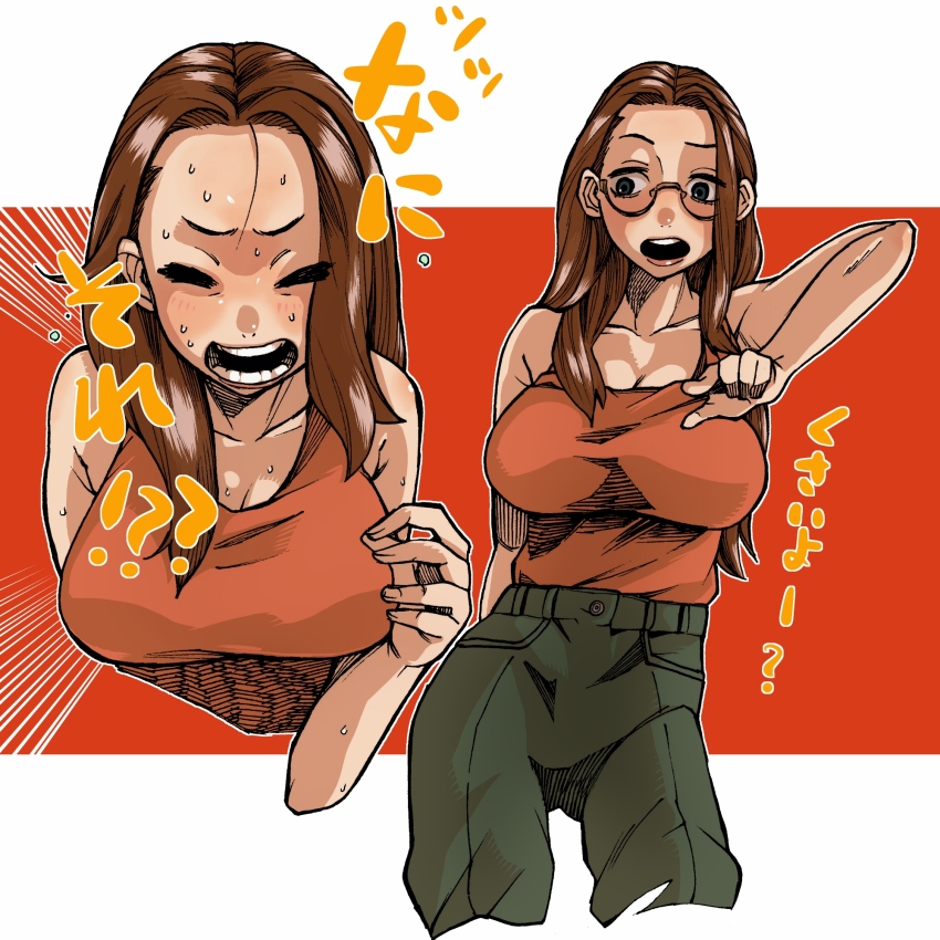 1girl, animification, black_eyes, blush, breasts, brown_hair, cleavage, collarbone