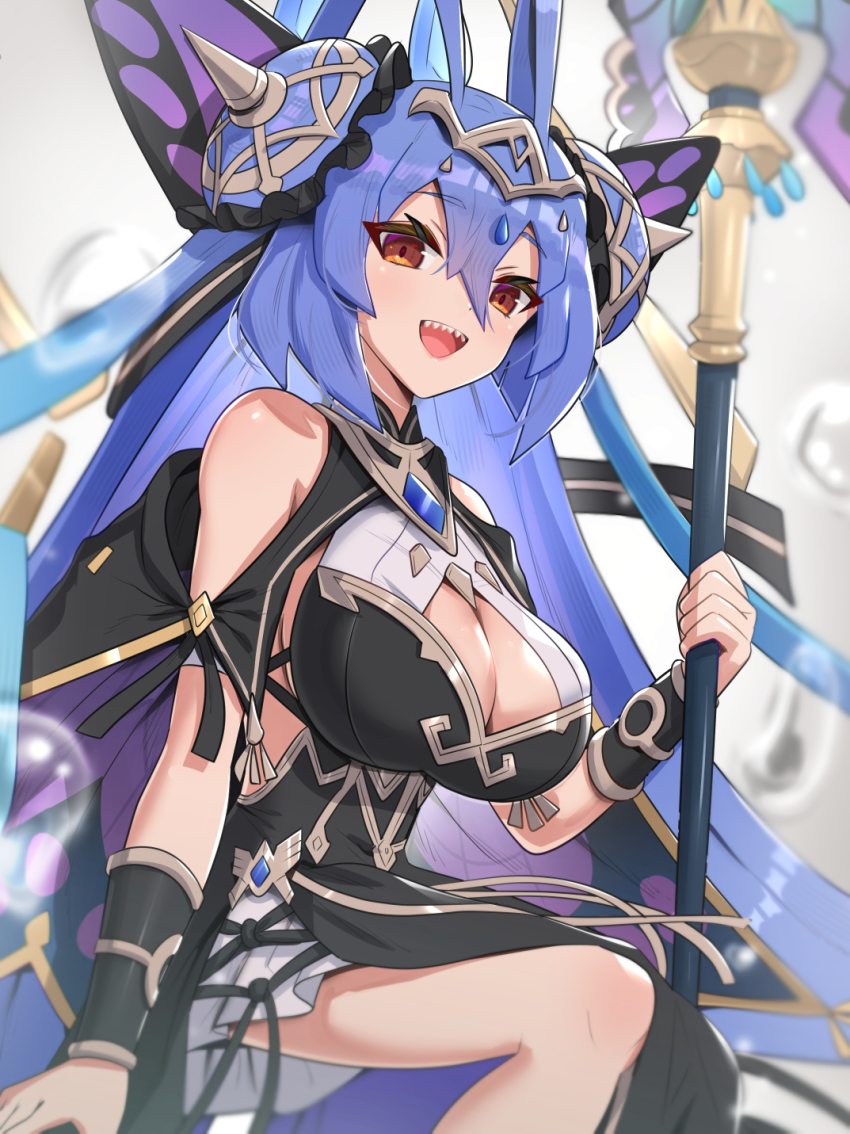 1girl, blue_hair, breasts, character_request, cleavage, cleavage_cutout, clothing_cutout, dragalia_lost, fangs, gonzarez, highres, large_breasts, long_hair, open_mouth, origa_(dragalia_lost), red_eyes, sleeveless, smile, solo, staff, very_long_hair