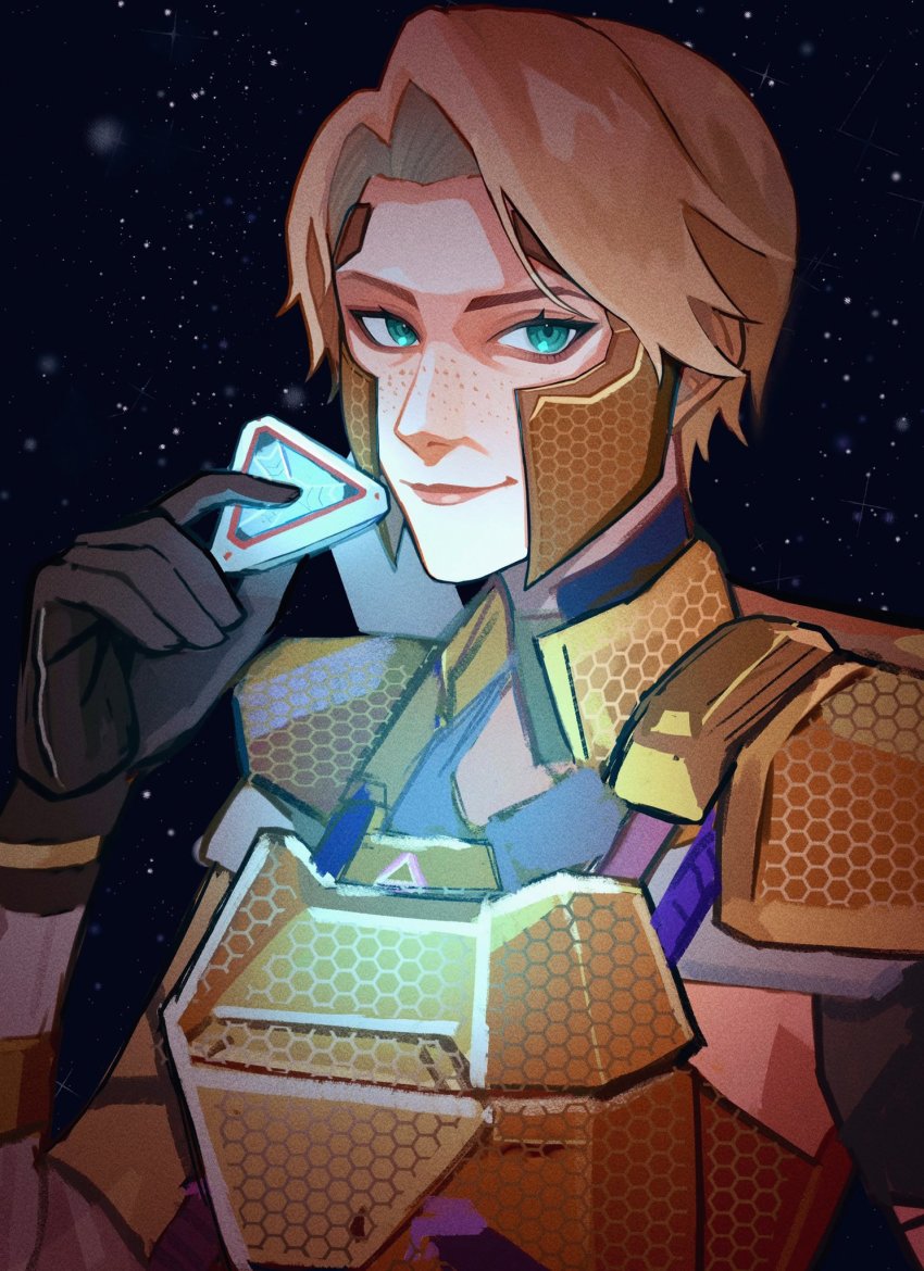 1girl, 4o3o, apex_legends, armor, black_background, black_gloves, blonde_hair, blue_eyes, freckles, gloves, hair_behind_ear, highres, holding, horizon_(apex_legends), jewel_of_olympus_horizon, official_alternate_costume, portrait, short_hair, smile, solo