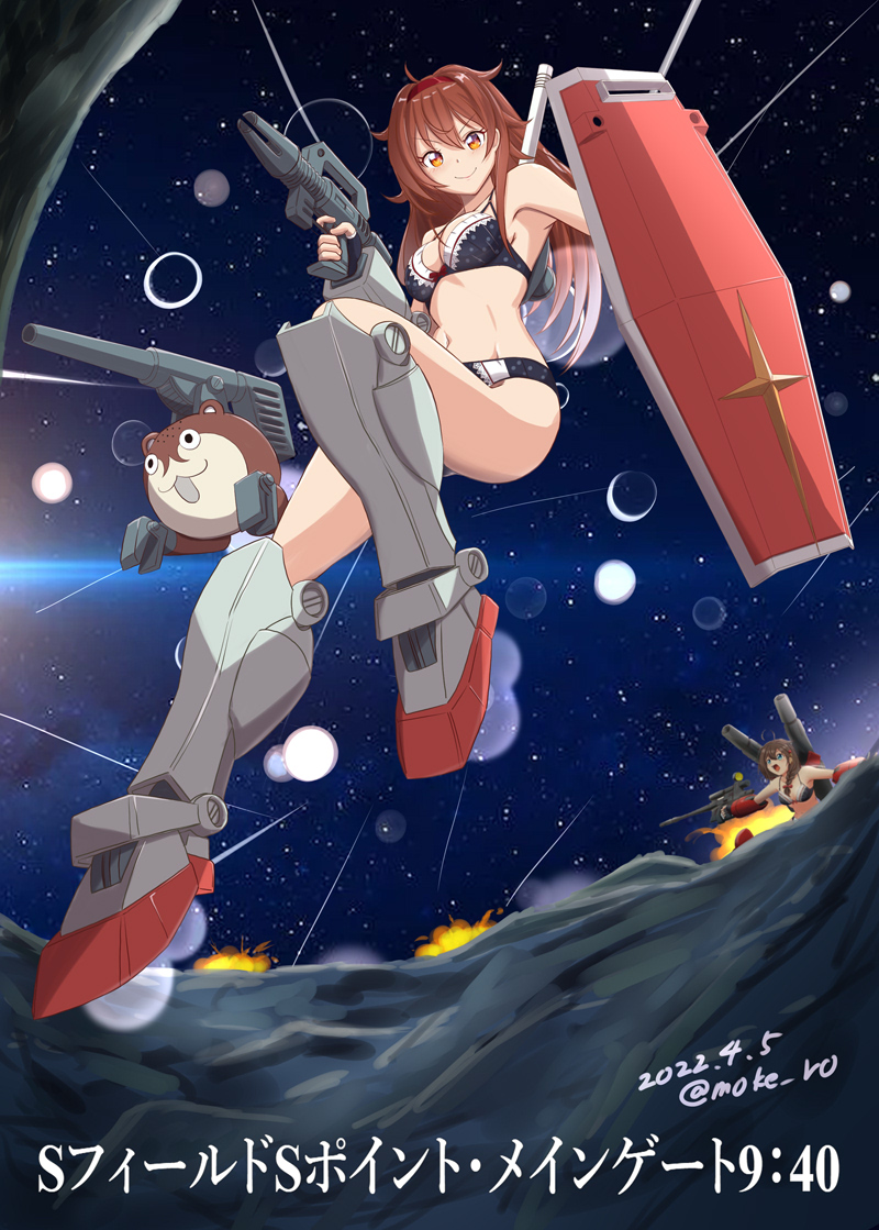 2girls, a_baoa_qu, ball_(gundam), ball_(gundam)_(cosplay), black_bra, black_panties, bokukawauso, bra