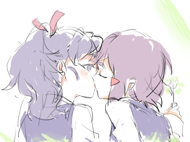 2girls, avery_(little_witch_academia), blue_eyes, blue_hair, blush, closed_eyes, fenegar, french_kiss