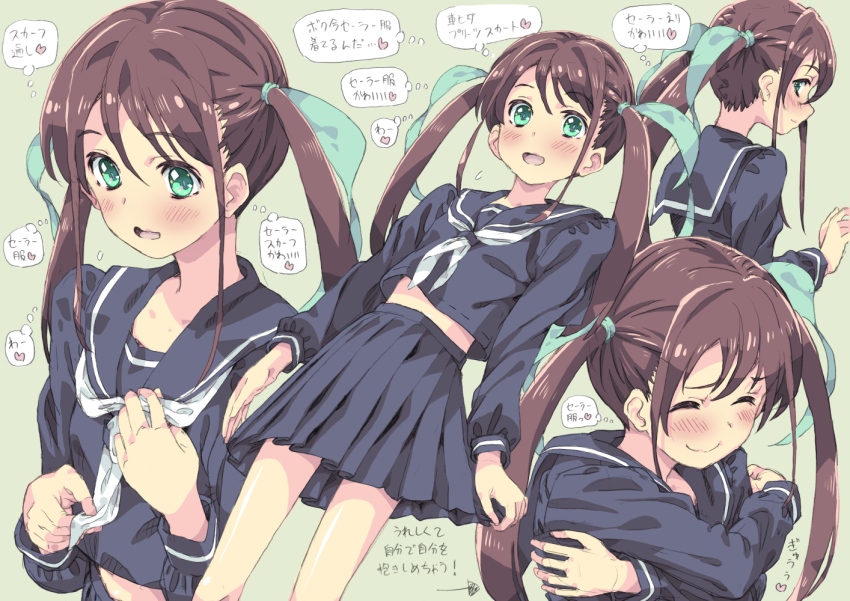 1boy, :d, ^_^, blue_sailor_collar, blue_serafuku, blue_skirt, blush, bow