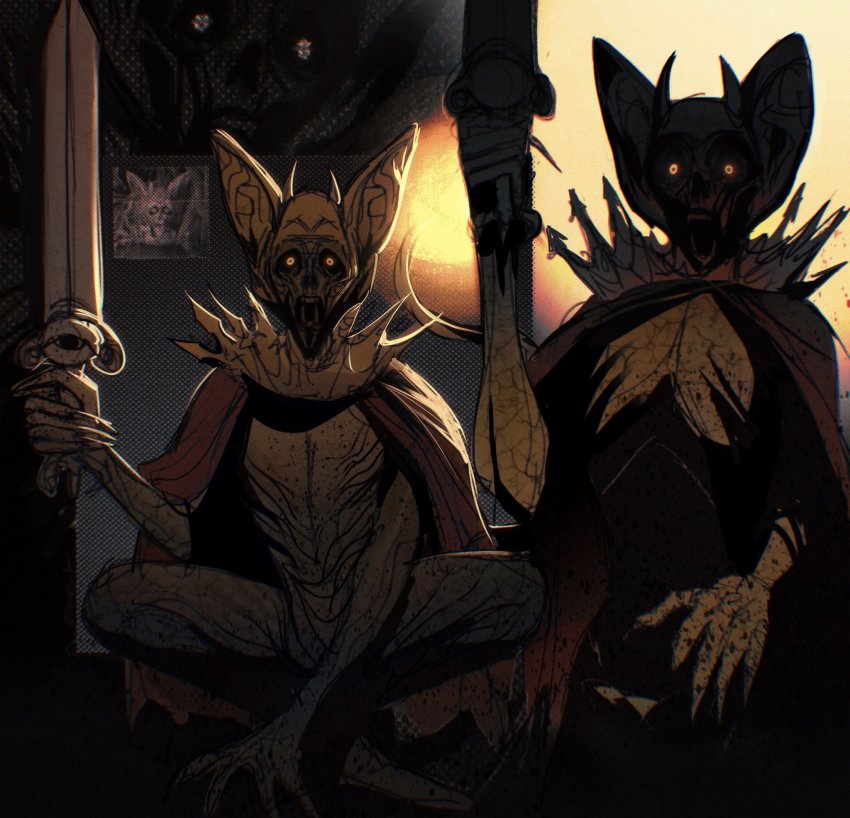 cape, commentary, elden_ring, english_commentary, erdtree_burial_watchdog, highres, holding, holding_sword, holding_weapon, horror_(theme), looking_at_viewer, monster, no_humans, red_cape, sarahp_draws, sword, weapon, yellow_eyes