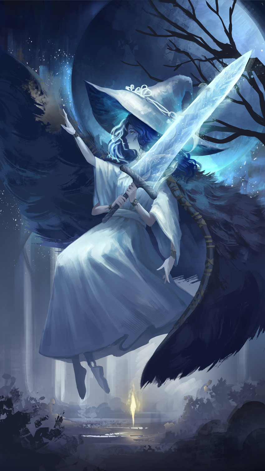 1girl, bare_tree, blue_hair, blue_skin, cloak, closed_mouth, colored_skin, dinhosaur, dress, elden_ring, extra_arms, extra_faces, floating, from_side, full_moon, fur_cloak, highres, holding, holding_sword, holding_weapon, long_sleeves, moon, moonlight_greatsword, profile, ranni_the_witch, site_of_grace, solo, sword, tree, two-handed, weapon, white_dress, wide_sleeves