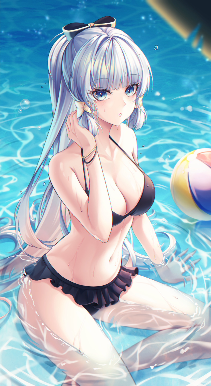 1girl, absurdres, alternate_costume, ayaka_(genshin_impact), ball, bare_arms, bare_legs, bare_shoulders