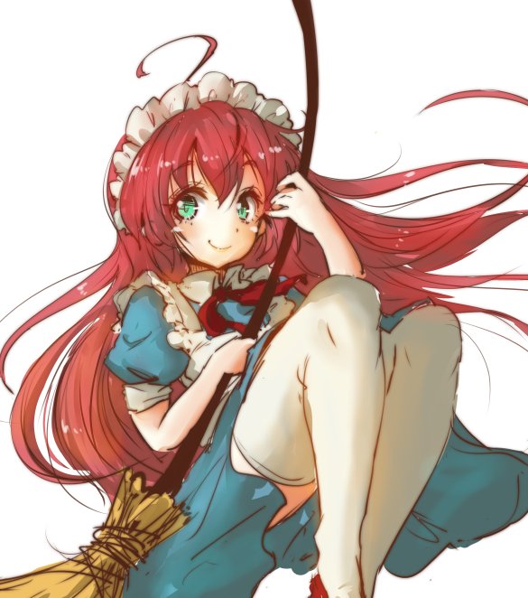 1girl, ahoge, blue_dress, bow, broom, dress, green_eyes, long_hair, maid, maid_headdress, red_hair, seihou, smile, solo, thighhighs, tikano, vivit, white_background