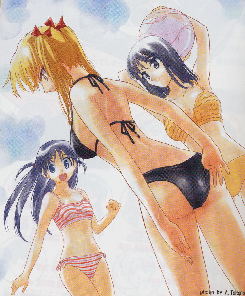 00s, 3girls, adjusting_clothes, adjusting_swimsuit, arms_up, ball, beachball, bikini