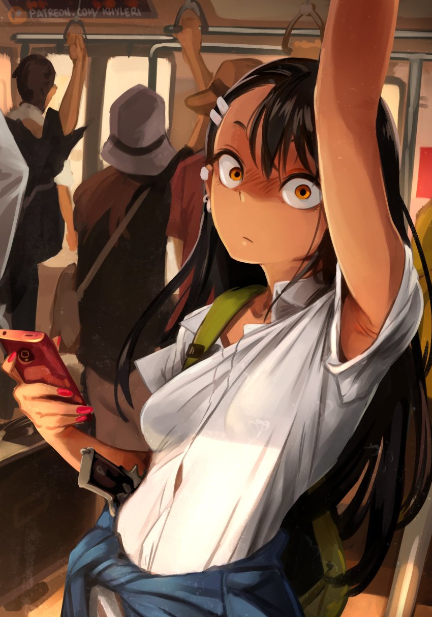 1girl, absurdres, arm_up, armpit_peek, armpits, asymmetrical_bangs, backpack, bag
