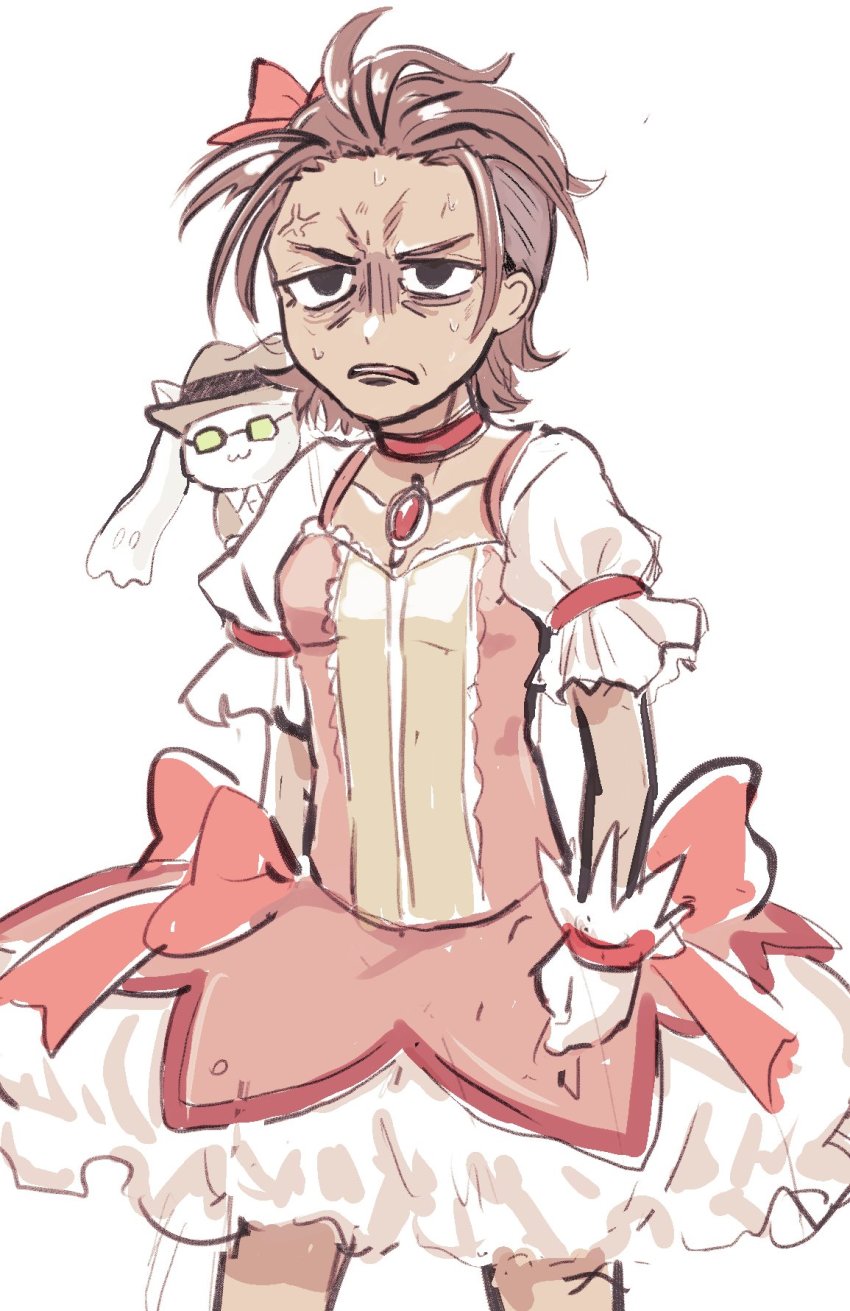 :3, alisame, animification, annoyed, apex_legends, black_eyes, bow, breasts, brown_headwear, clenched_hand, cosplay, crossover, dark-skinned_female, dark_skin, dress, eduardo_silva, eduardo_silva_(cosplay), fedora, gloves, hair_behind_ear, hair_bow, hair_slicked_back, hat, highres, kaname_madoka, kaname_madoka_(cosplay), kaname_madoka_(magical_girl), kyubey, mad_maggie_(apex_legends), magical_girl, mahou_shoujo_madoka_magica, mahou_shoujo_madoka_magica_(anime), pink_dress, small_breasts, smile, sunglasses, white_gloves